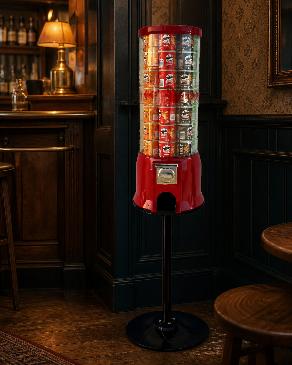 Pringles tower vending machine in a traditional pub setting